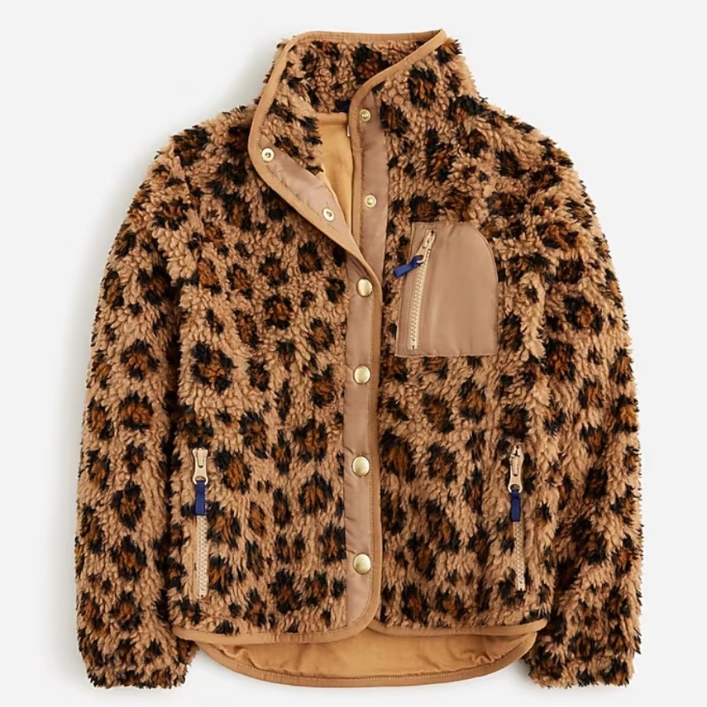 Girls' sherpa zip-up jacket- Brown Leopard XXS